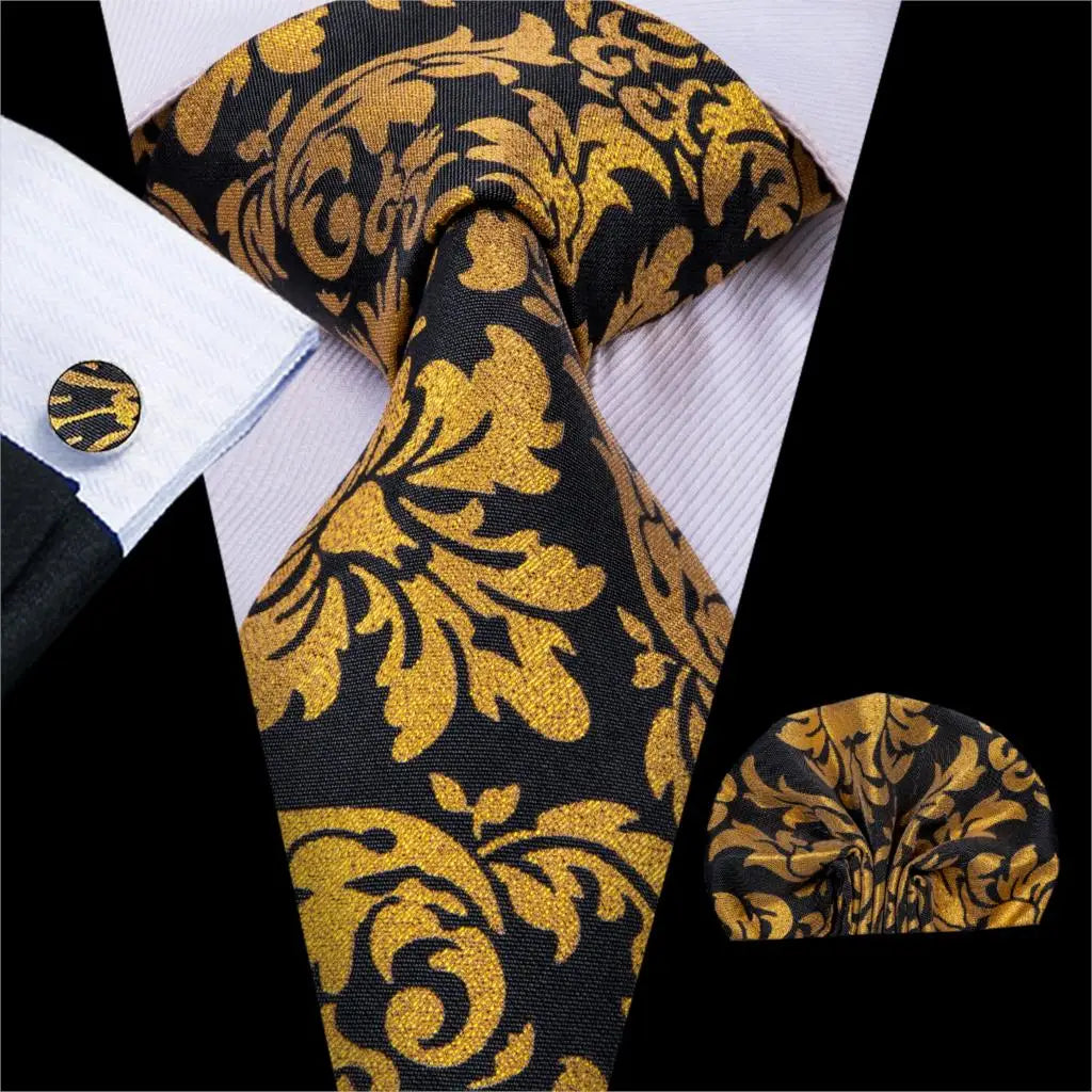 Cravate élégante pour homme, motif cachemire, rayures noires et dorées, en soie, pour mariage, mouchoir, boutons de manchette, pour entreprise, fête, livraison directe