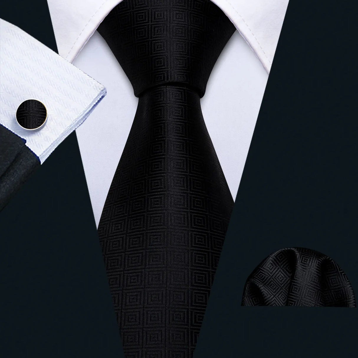 Cravates en soie noire pour hommes, classiques, solides, tissées de haute qualité, avec pochette et boutons de manchette, pour soirées formelles, design Barry.Wang