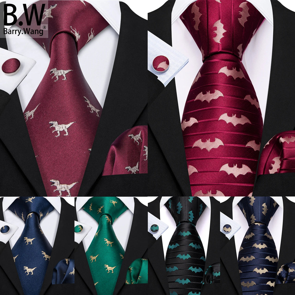 Barry.Wang Nouveauté Soie Hommes Cravate Mouchoir Boutons de Manchette Ensemble Jacquard Animal Dinosaure Chauve-Souris Gravat Cravate Pour Homme Mariage Affaires