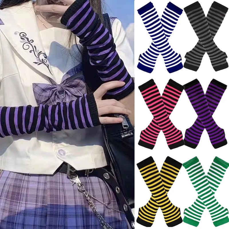Anime Hand-Armwärmer für Damen und Mädchen, fingerlos, Gothic, lange Handschuhe, Armband, Armabdeckung, langärmelig, weich, gestreift, Ellenbogen, Strickhandschuhe