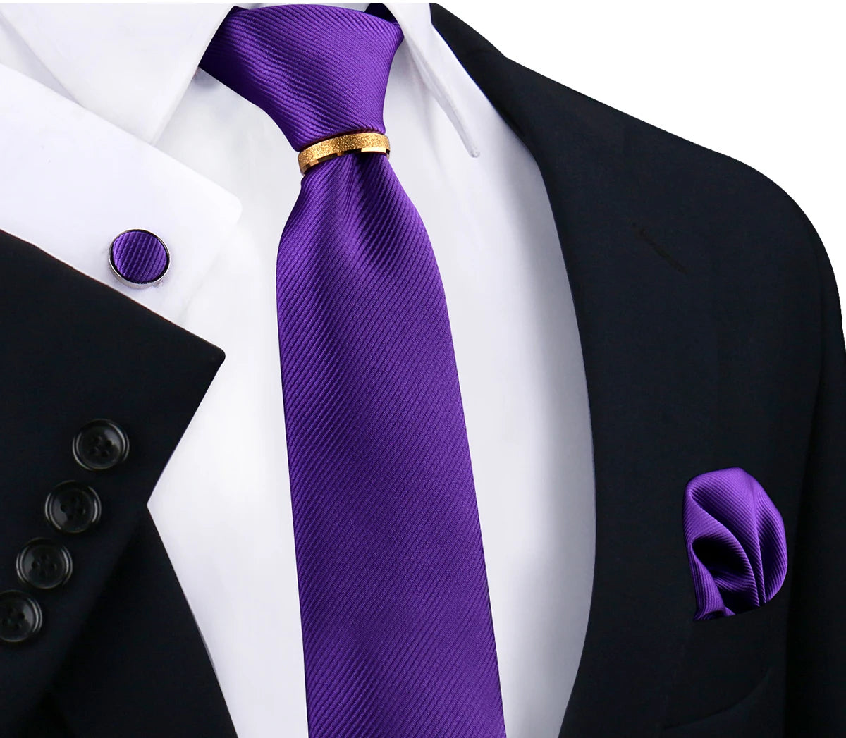 Ensemble de cravates en soie de luxe pour hommes, cravate, mouchoir, boutons de manchette avec anneau en métal doré, broche, costume, fête de mariage, accessoires pour hommes
