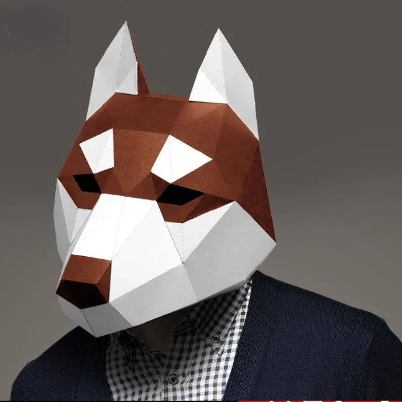 Masque tête de chien husky en papier 3D, modèle animal, accessoire de cosplay pour Halloween, femme, homme, fête, jeu de rôle, bricolage