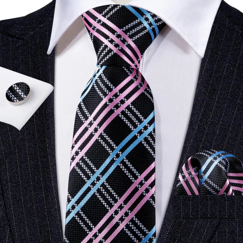 Barry.Wang Ensemble cravate et mouchoir en soie à carreaux pour homme, motif jacquard, idéal pour un mariage, un marié ou une équipe