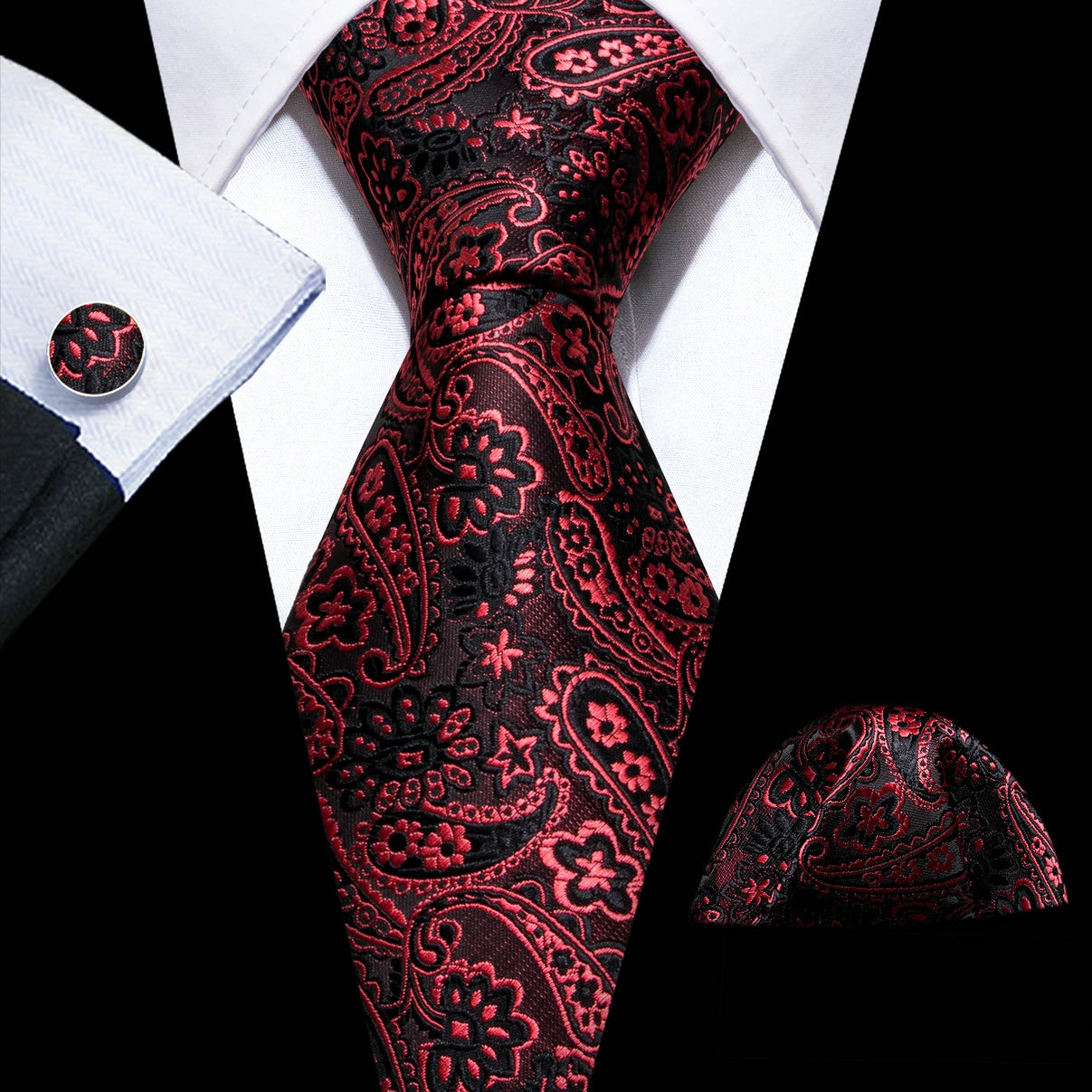 Cravate de mariage en soie rouge, tissée en jacquard, rayée, pour homme, ensemble cravate, mouchoir, boutons de manchette, Barry.Wang, créateur de mode FA-5028