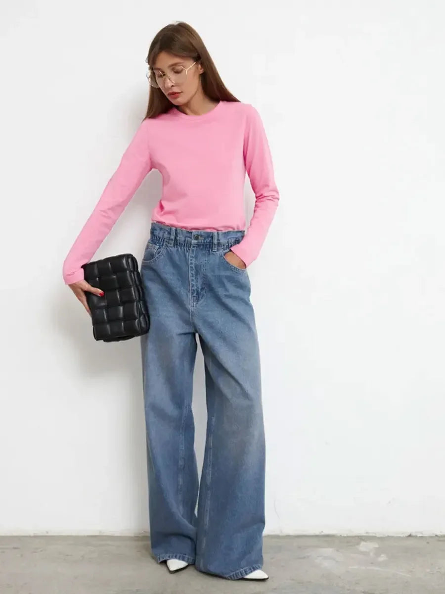 Camiseta Bornladies para mujer, 100 % algodón, básica, lisa, de manga larga, holgada, de gran tamaño, para primavera y otoño