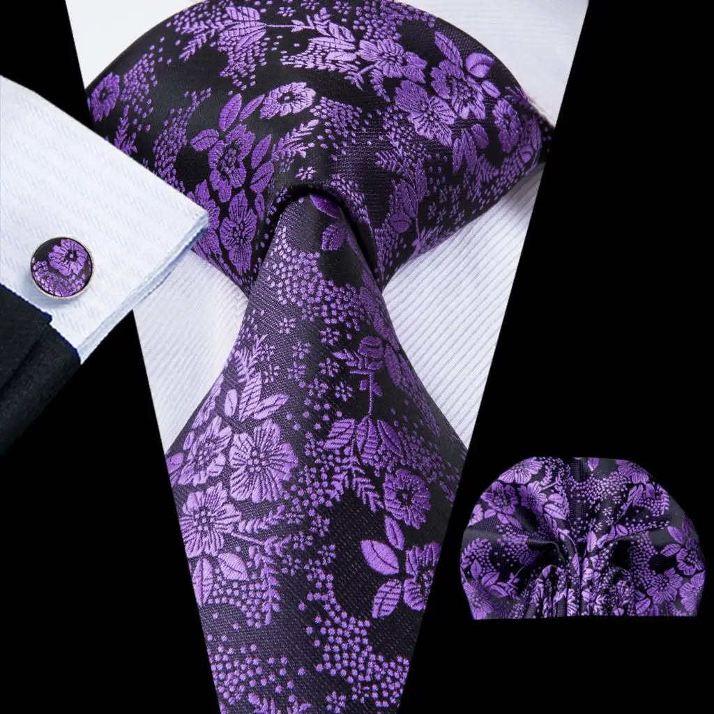 Hi-Tie – Cravate de mariage en soie violette unie à motif cachemire pour homme, ensemble de qualité avec boutons de manchette et mouchoir, cadeau tendance, livraison directe