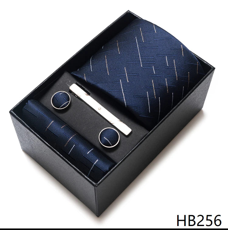 65 Colors Fashion Tie Handkerchief Set Tie Clip Necktie Box Man's Shirt Dark Red Accessories Men Wedding Holiday Gift