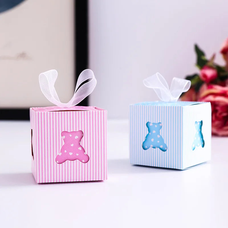 10 Stück Cartoon-Bären-Süßigkeitenbox mit Bändern für Baby-Mädchen-Jungen-Geschlechts-Enthüllungsparty-Babyparty-Party-Gastgeschenkboxen