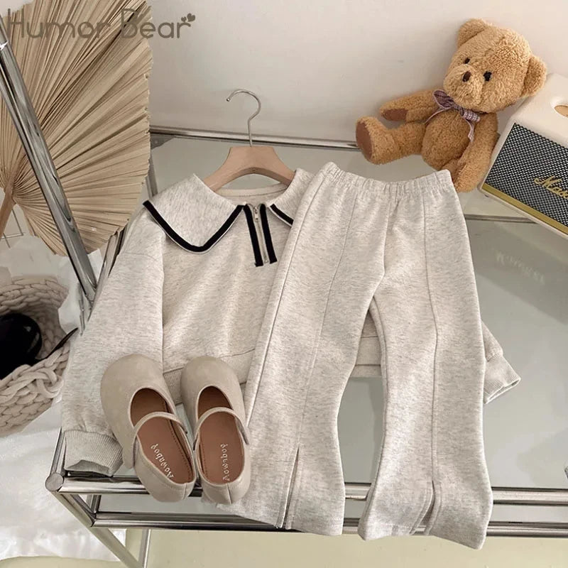 Humor Bear Girls' Spring and Autumn Korean Fashion Baby Doll Neck Long-sleeved Hoodie+Pants Two Piece Set Casual Outfit 3-7Y