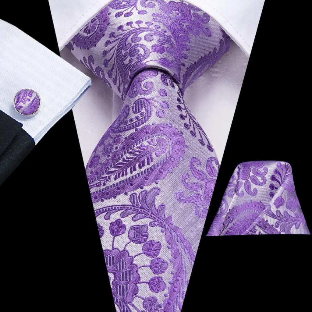 Hi-Tie – Cravate de mariage en soie violette unie à motif cachemire pour homme, ensemble de qualité avec boutons de manchette et mouchoir, cadeau tendance, livraison directe