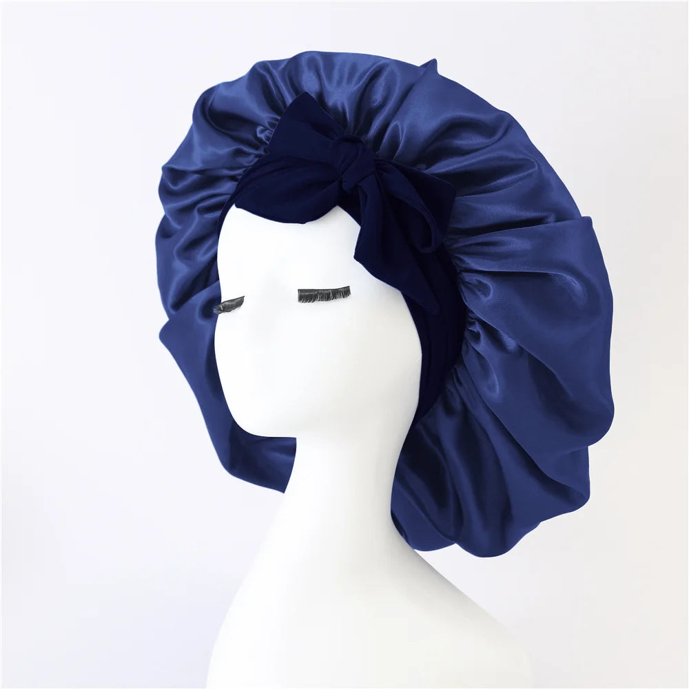 Bonnet de nuit en satin pour femme, large bande solide, extensible, avec nœud, bonnet soyeux, bonnet de nuit, soins capillaires, couvre-tête de douche