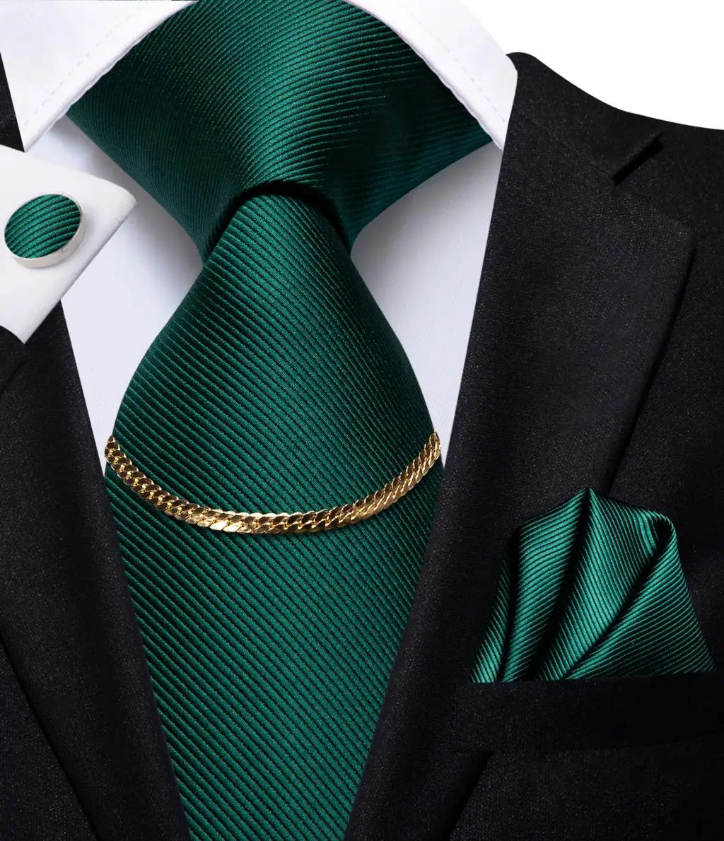 Hi-Tie Business Black Luxury Plaid Mens Tie Silk Neckties Fashion Tie Chain Hanky Cufflinks Set Design Gift For Men Wedding