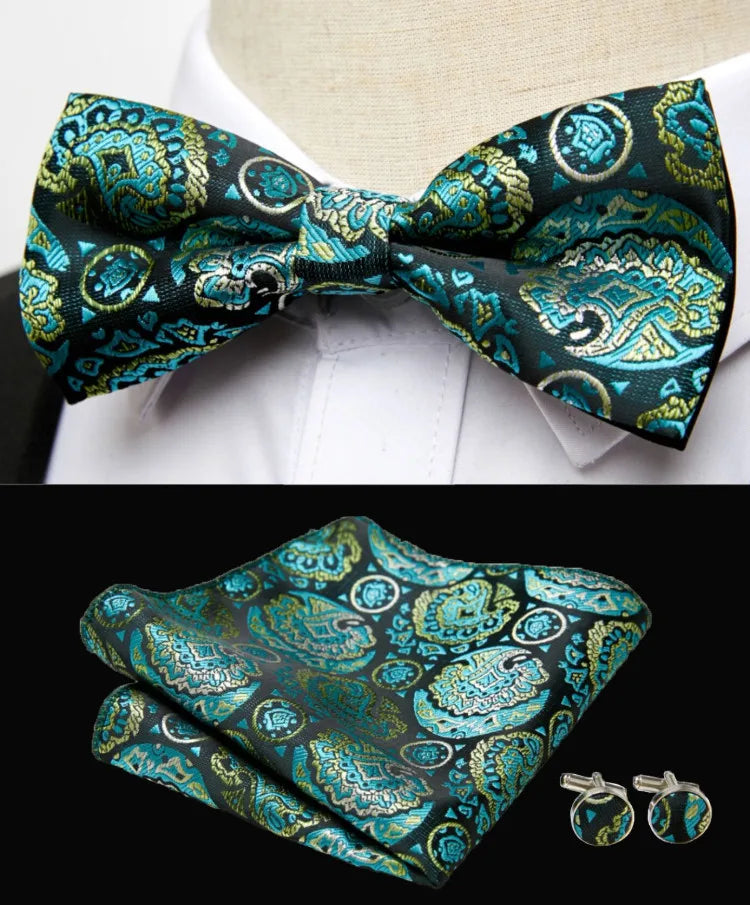 HUISHI Classic Blue Bowties For Men Paisley Floral Bow Tie Pocket Square Cufflinks Suit Set Wedding Party Plaid Solid Butterfly
