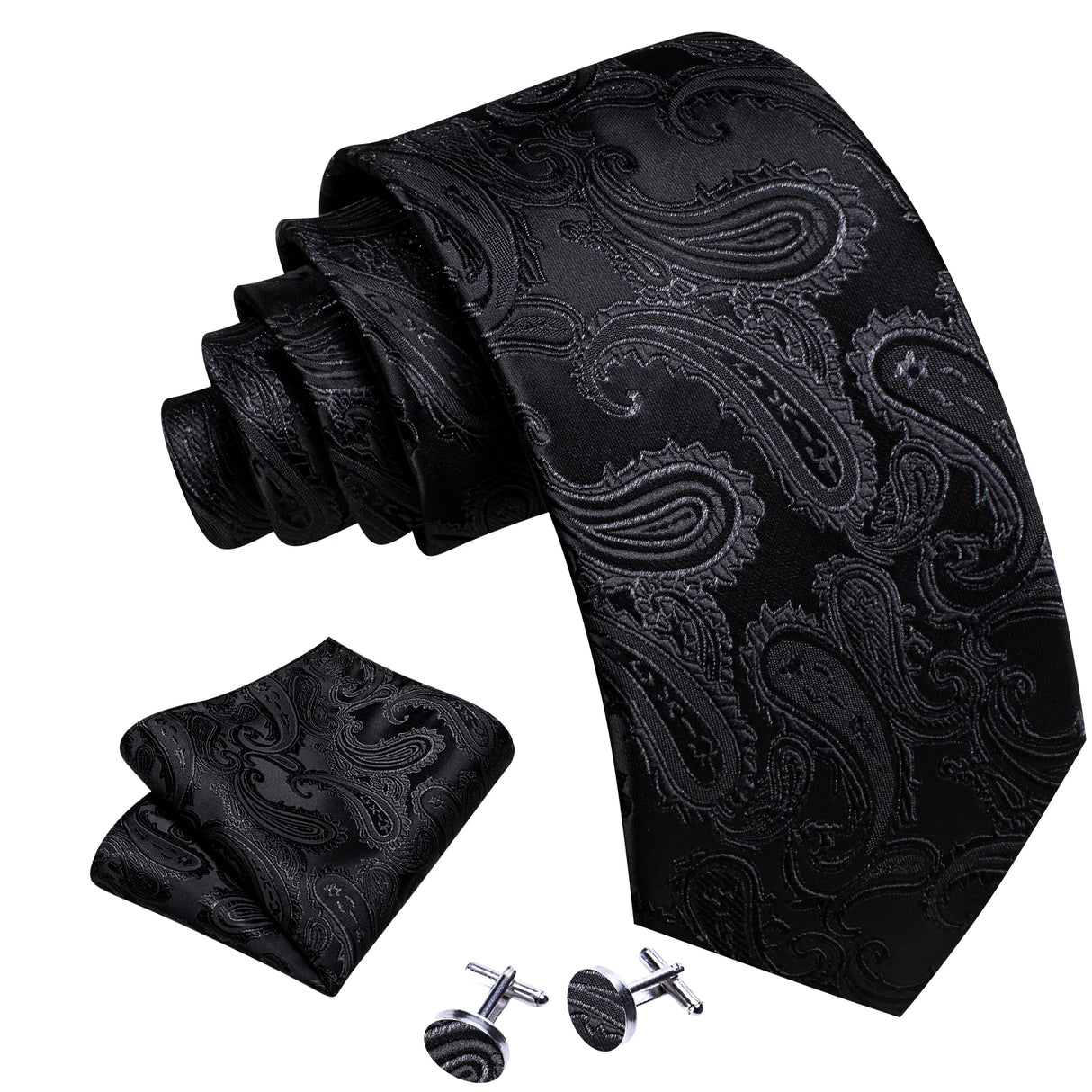 Cravates en soie noire pour hommes, classiques, solides, tissées de haute qualité, avec pochette et boutons de manchette, pour soirées formelles, design Barry.Wang