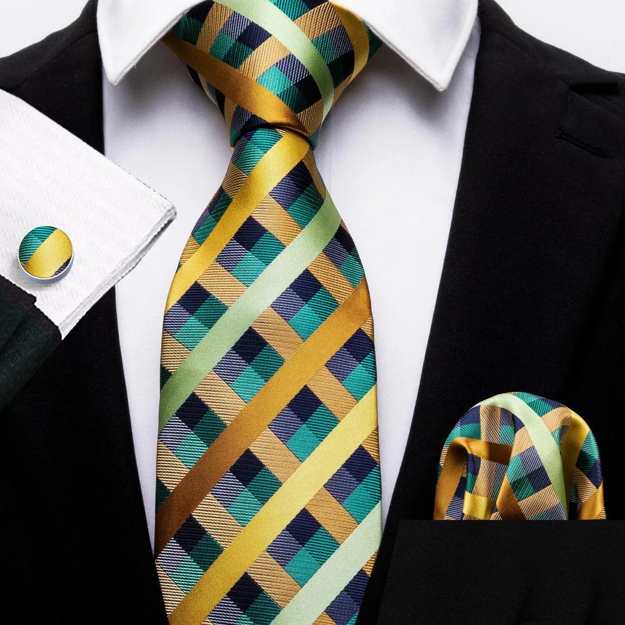 Barry.Wang Ensemble cravate et mouchoir en soie à carreaux pour homme, motif jacquard, idéal pour un mariage, un marié ou une équipe