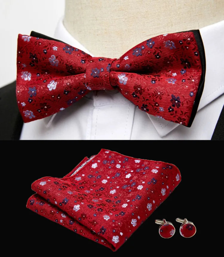 HUISHI Classic Blue Bowties For Men Paisley Floral Bow Tie Pocket Square Cufflinks Suit Set Wedding Party Plaid Solid Butterfly
