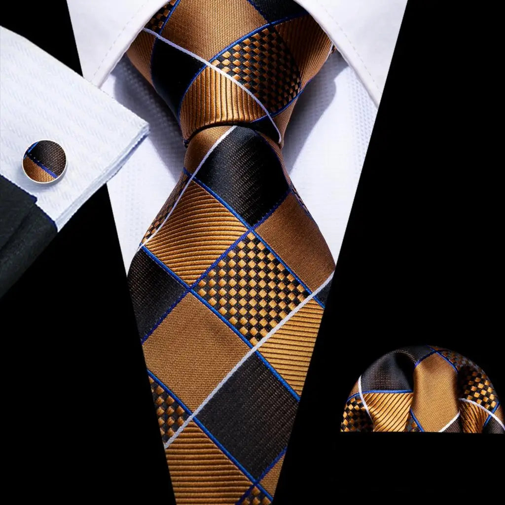 Barry.Wang Ensemble cravate et mouchoir en soie à carreaux pour homme, motif jacquard, idéal pour un mariage, un marié ou une équipe