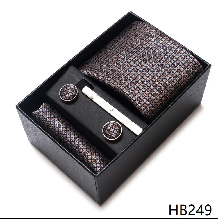 65 Colors Fashion Tie Handkerchief Set Tie Clip Necktie Box Man's Shirt Dark Red Accessories Men Wedding Holiday Gift