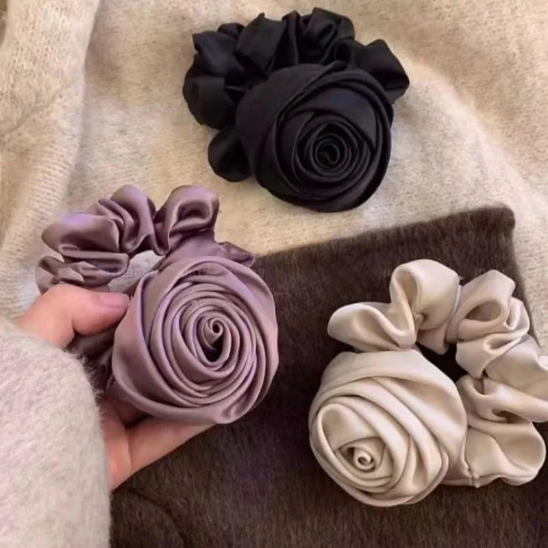 SIMPLEJEWEL™Handmade Rose Flower Elastics Hair Scrunchies, Ties Satin Scrunchies Hair Band Ponytail Holder Band Scrunchies Ring