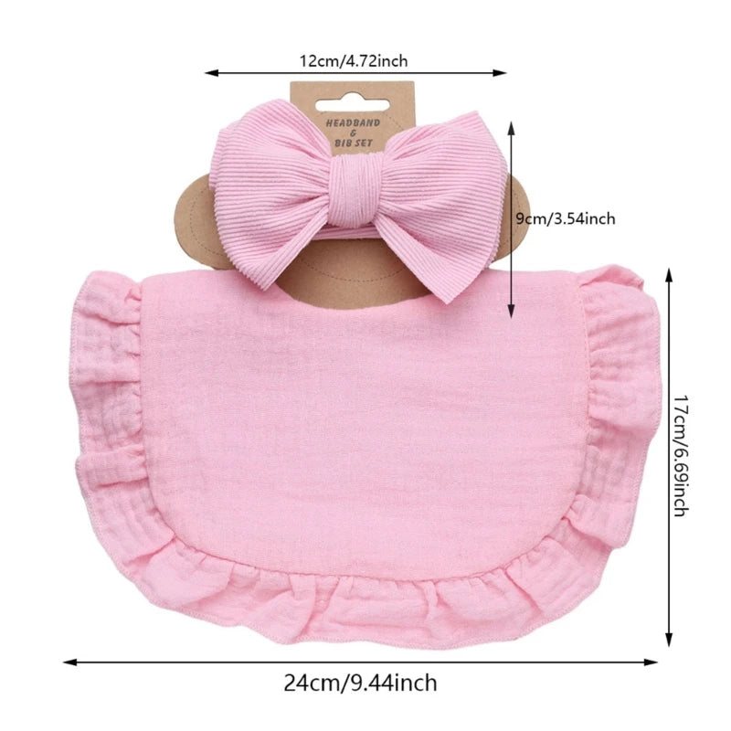 Lot de 2 bavoirs à volants en mousseline de coton pour bébé, nœuds pour cheveux, bandeaux pour filles, couleur unie, serviette pour nouveau-né, bavoirs pour nourrir le rot, écharpe