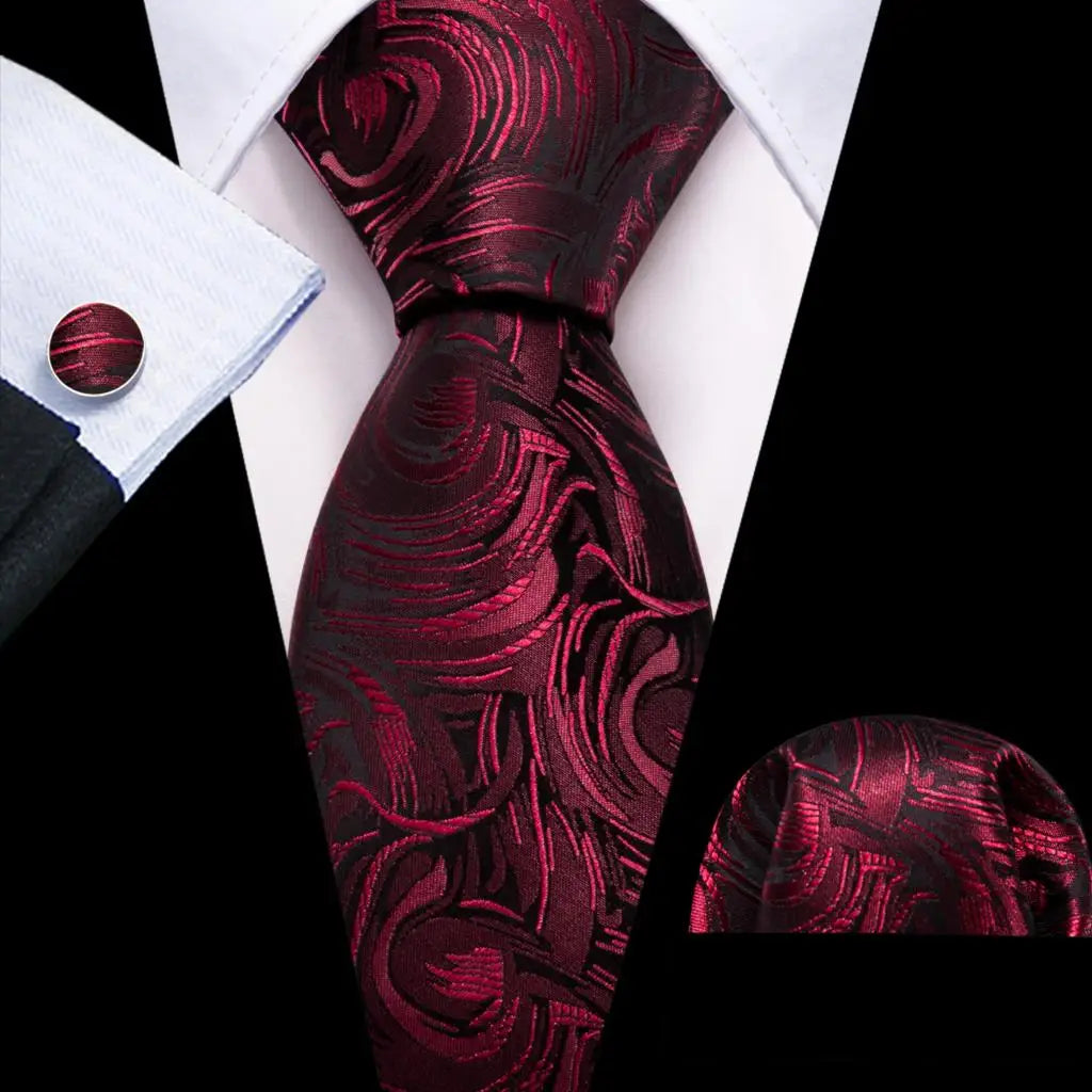 Barry.Wang Ensemble cravate et boutons de manchette en soie pour homme, motif jacquard, rouge, bordeaux, rose, pour mariage, affaires, fête