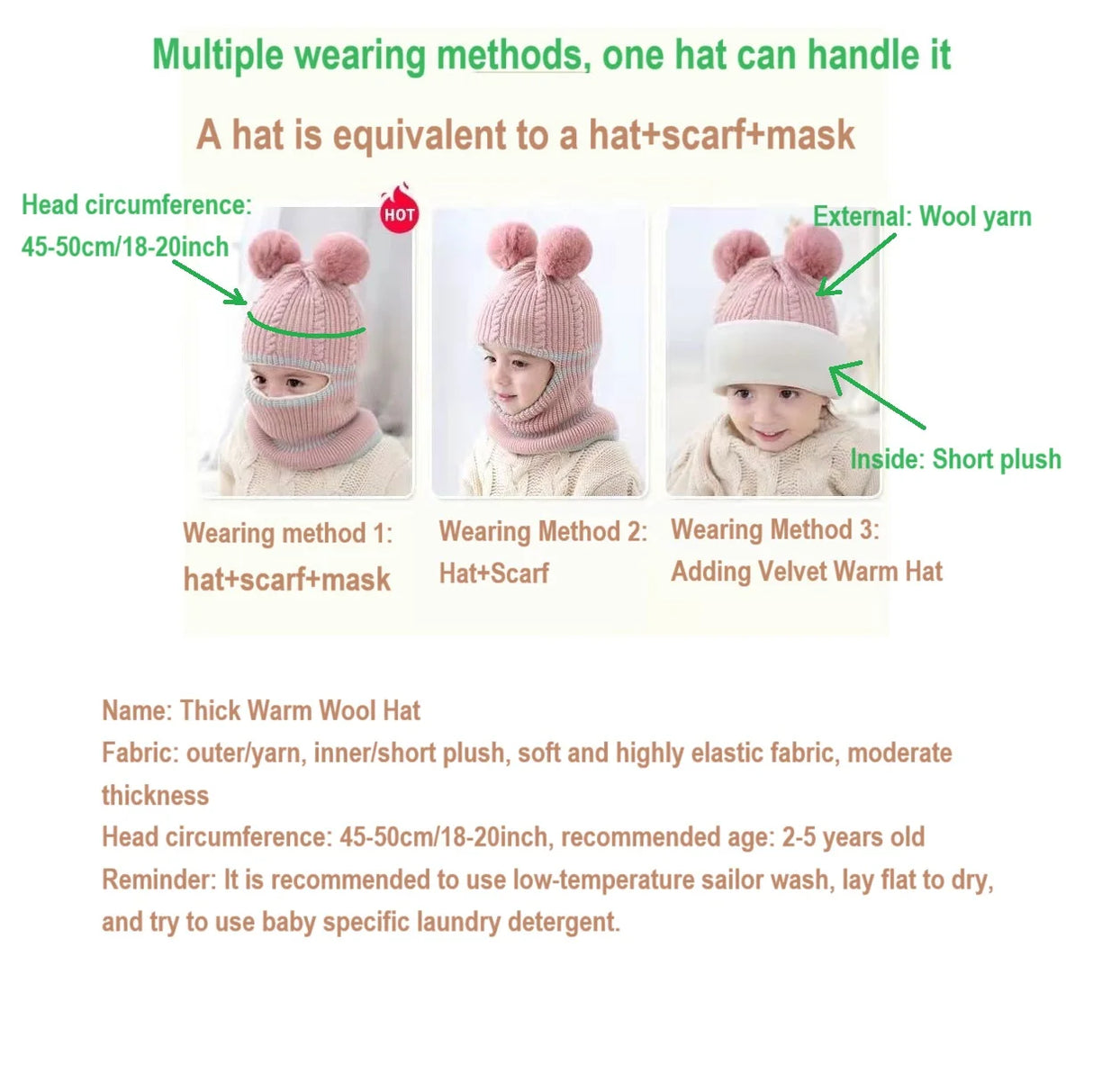 2-4year kid's knitted hat winter warm woolen hat mask scarf one-piece