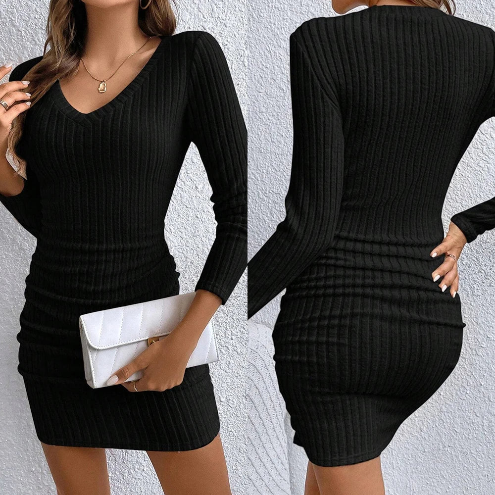 Mia Muse Women's Dresses Fall Winter Ribbed Knitted Slim Plain Sexy V-Neck Bodysuit Mini Casual Long Sleeve Short Dresses