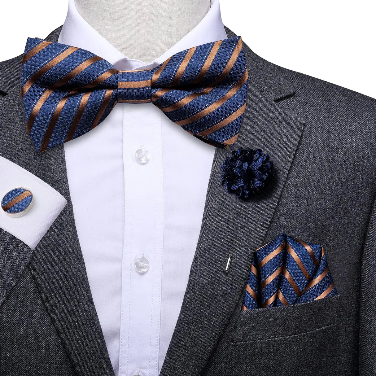 Hi-Tie Luxury Gold Silk Bow Ties for Men Fashion Men's Yellow Bowtie Handkerchief Cufflinks Brooch Set butterfly Wedding Set