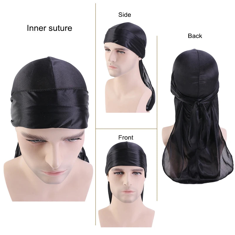 Unisex Silky Long Tail Durag Pirate Hat Turban Fashion Headwraps Cap Bandana Women Men Headwear Caps Hijab Hair Accessories 