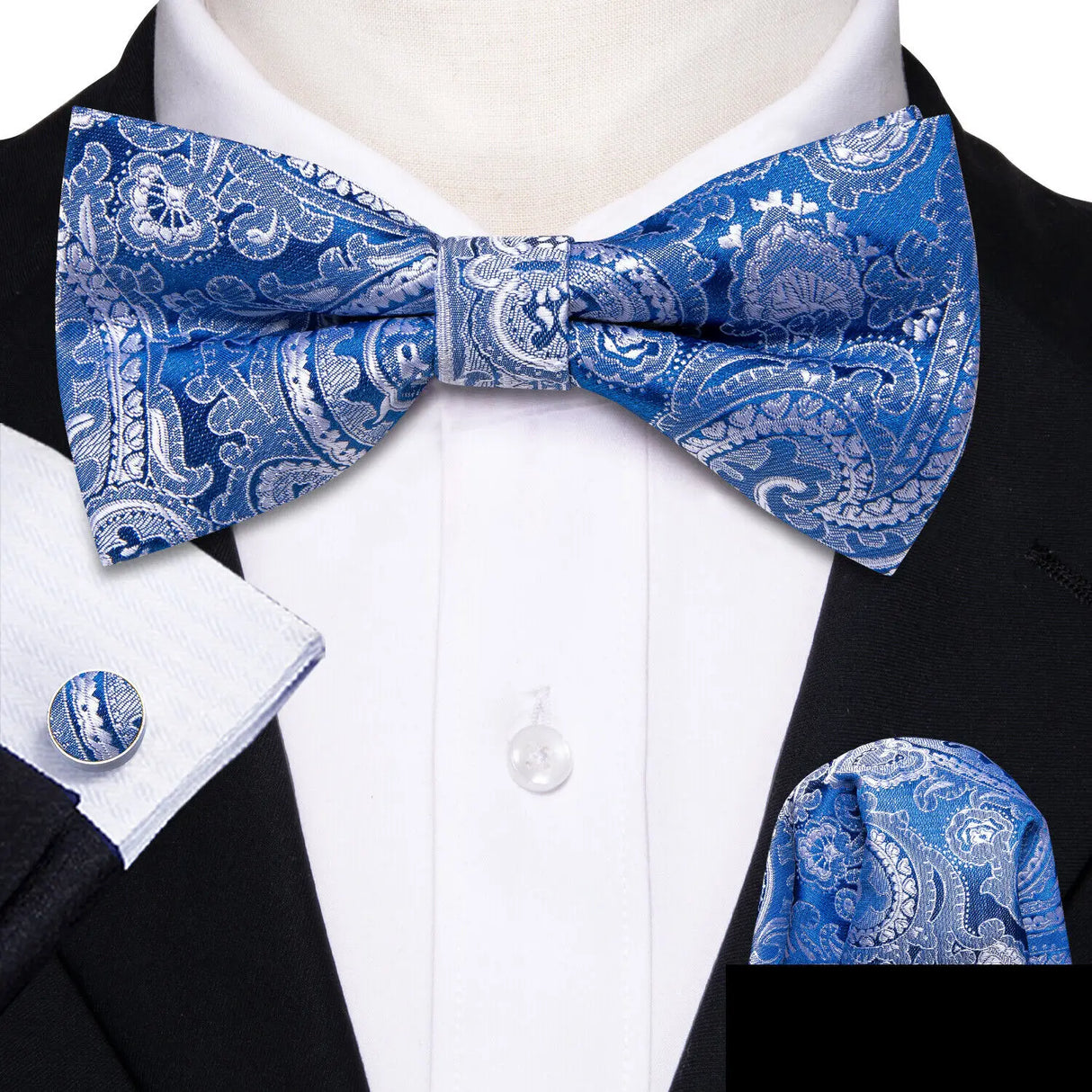 Barry.Wang Nœud papillon en soie bleu marine royal bleu ciel pour homme, ensemble de boutons de manchette, mouchoir, motif cachemire jacquard, motif floral, pour mariage et affaires