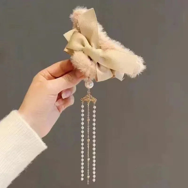 Pinces à cheveux tendance avec nœud et pompon, style coréen, queue de cheval, en peluche, griffe de requin, pour filles, cadeau d'automne et d'hiver