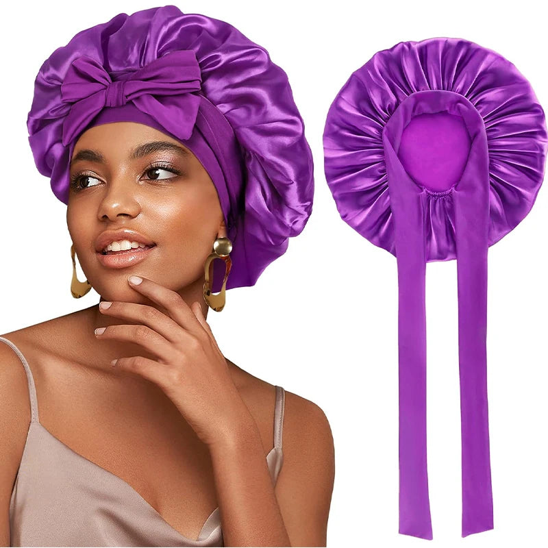 New Satin Solid Sleeping Hat With Stretchy Tie Band Elastic For Women Night Shower Cap Adjustable Hair Head Cover Bonnet Turban