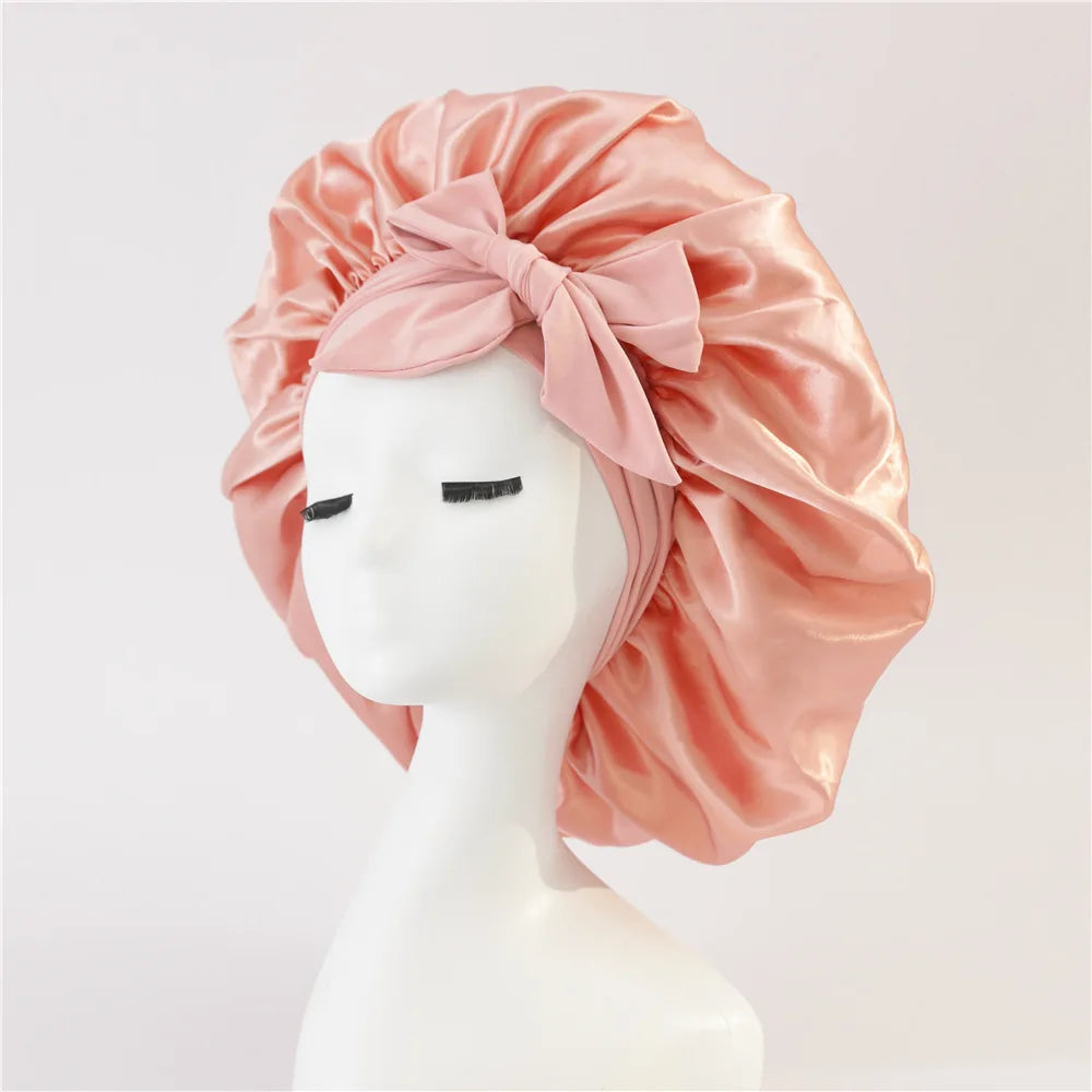 Bonnet de nuit en satin pour femme, large bande solide, extensible, avec nœud, bonnet soyeux, bonnet de nuit, soins capillaires, couvre-tête de douche