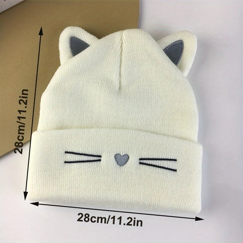 Cute Cat Embroidery Brimless Cap Outdoor Warm Ear Protection Cat's Ears Pullover Hat Woman Autumn and Winter Soft Head Cap