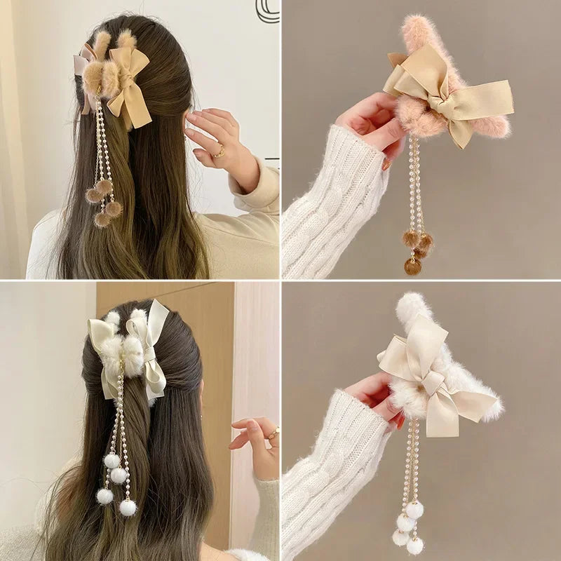 Pinces à cheveux tendance avec nœud et pompon, style coréen, queue de cheval, en peluche, griffe de requin, pour filles, cadeau d'automne et d'hiver