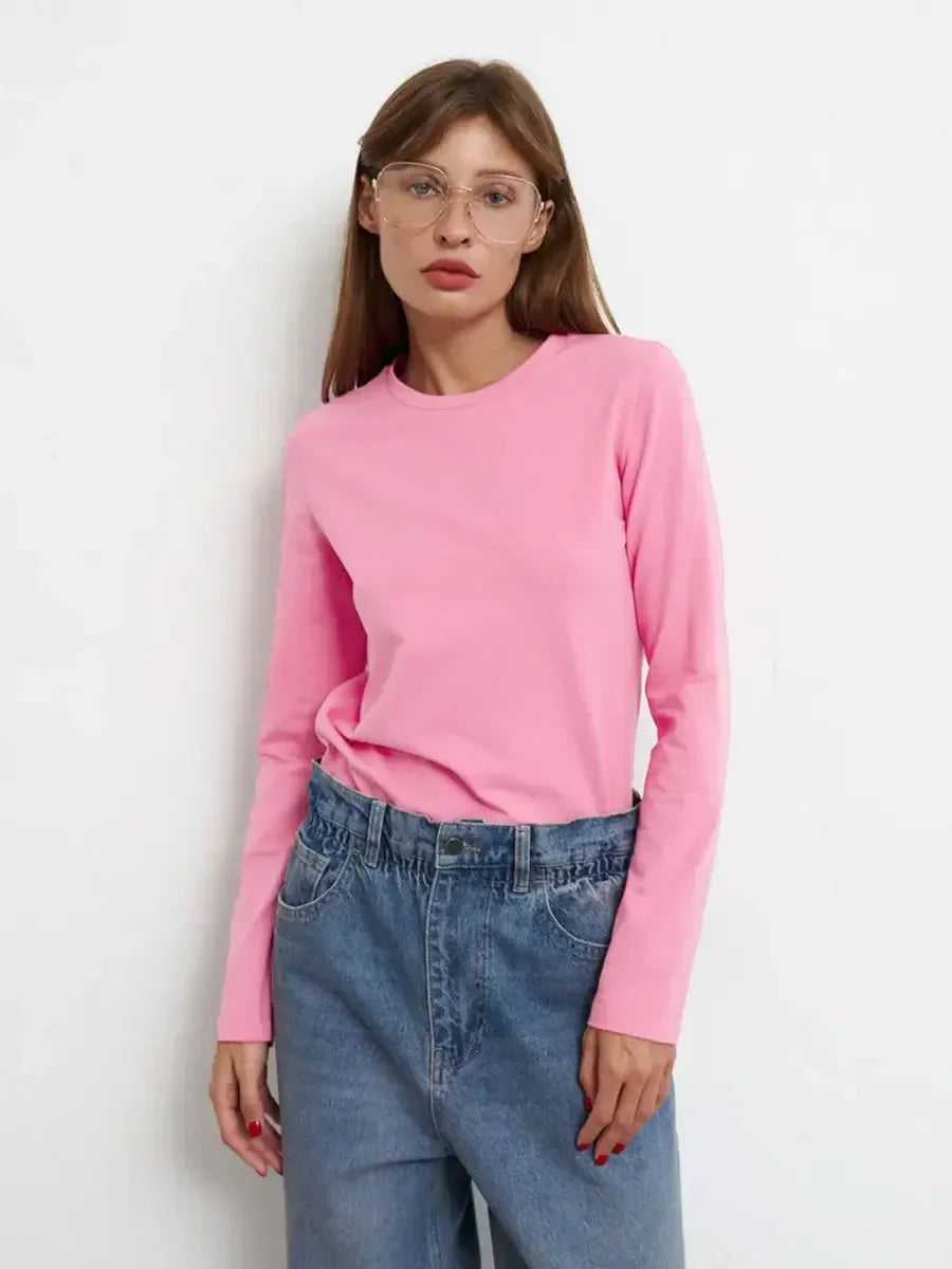 Camiseta Bornladies para mujer, 100 % algodón, básica, lisa, de manga larga, holgada, de gran tamaño, para primavera y otoño