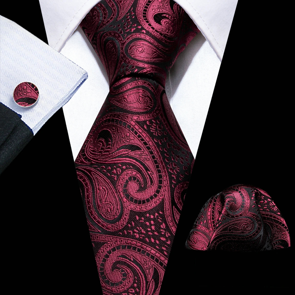 Cravate de mariage en soie rouge, tissée en jacquard, rayée, pour homme, ensemble cravate, mouchoir, boutons de manchette, Barry.Wang, créateur de mode FA-5028