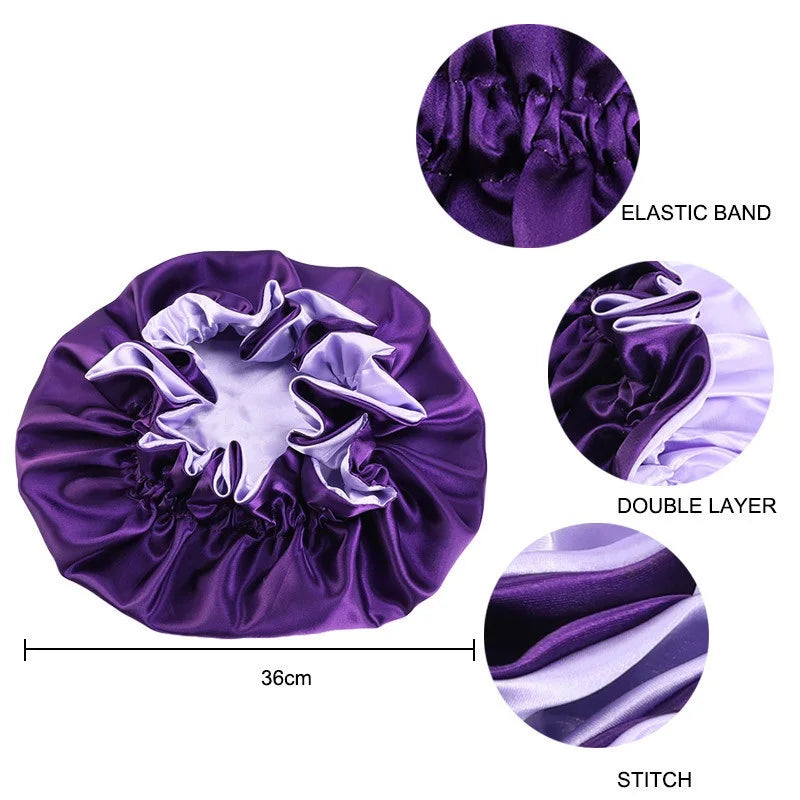 High Quality Double Sided Layer Waterproof Shower Cap Solid Color Satin Hair Bonnet Cap For Women