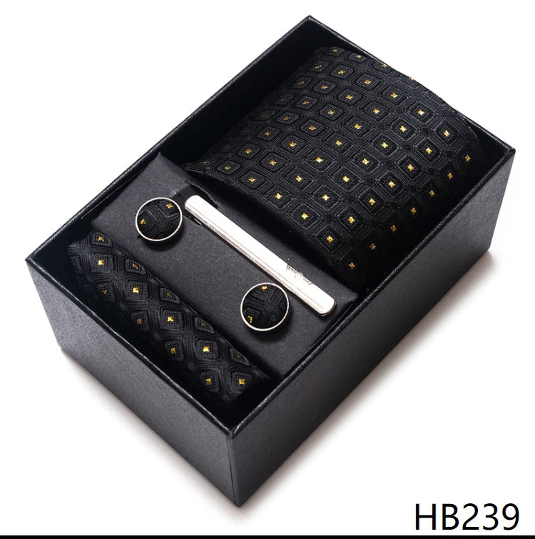 65 Colors Fashion Tie Handkerchief Set Tie Clip Necktie Box Man's Shirt Dark Red Accessories Men Wedding Holiday Gift