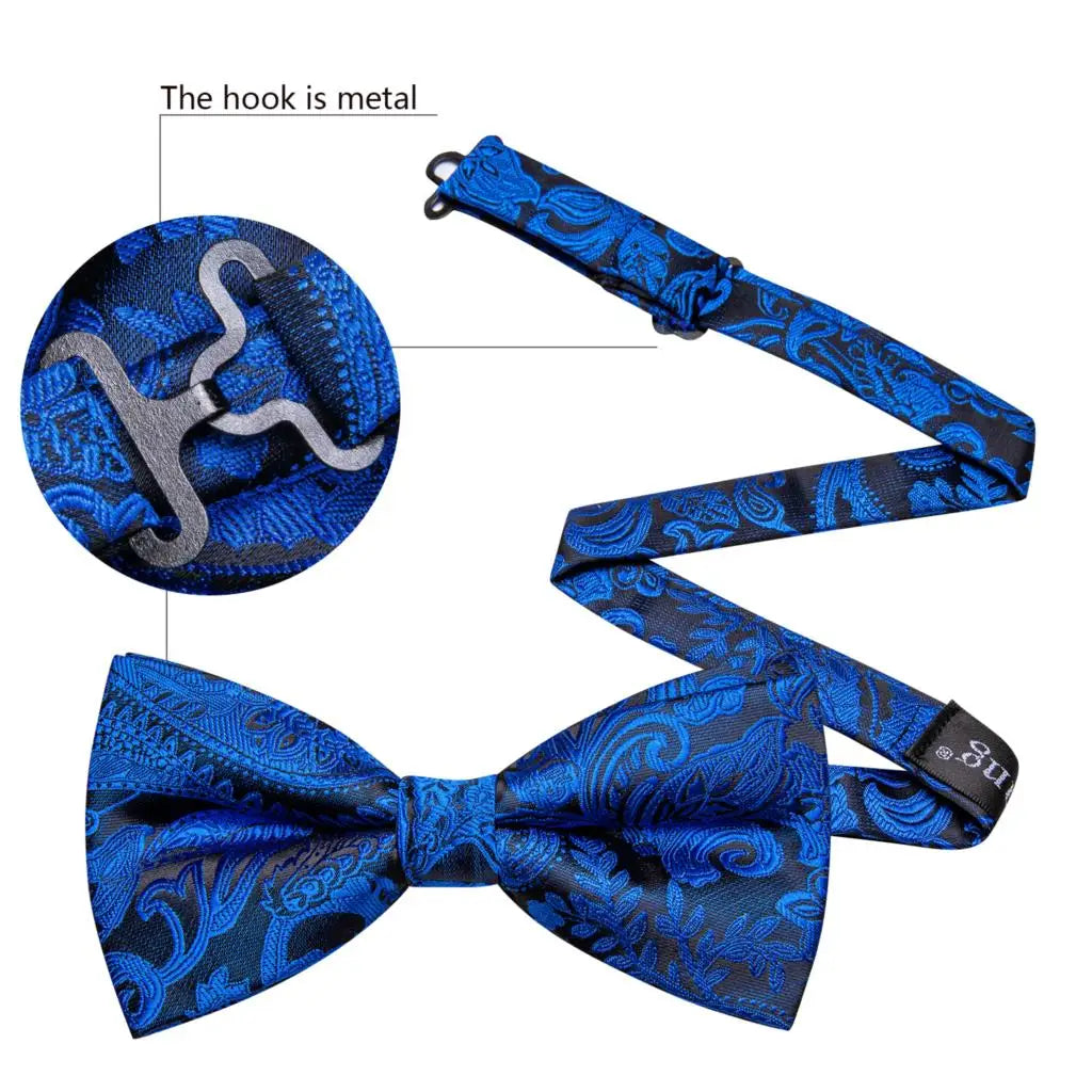 Barry.Wang Nœud papillon en soie bleu marine royal bleu ciel pour homme, ensemble de boutons de manchette, mouchoir, motif cachemire jacquard, motif floral, pour mariage et affaires