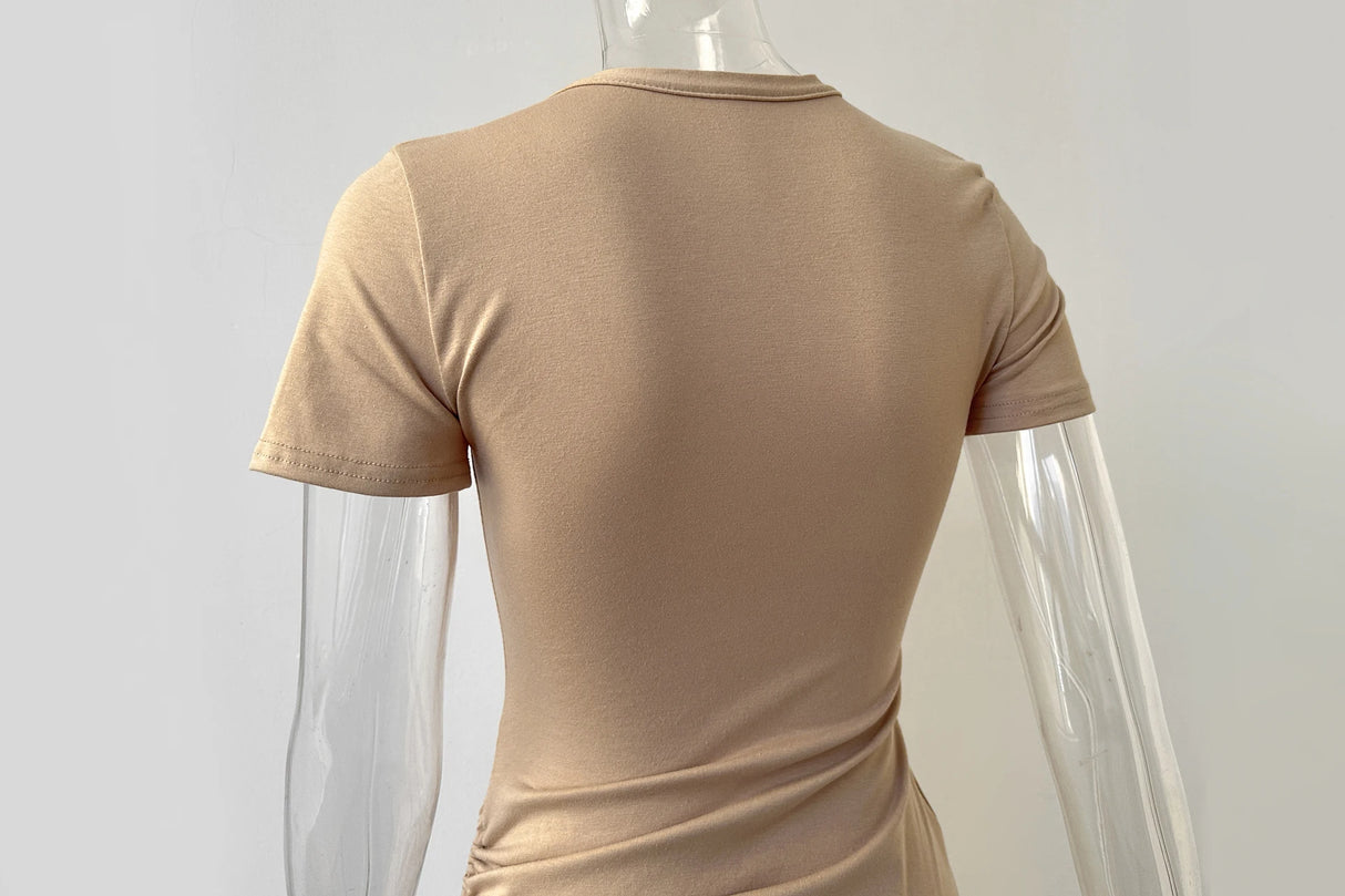 Sexy Side Slit Short Sleeve Wrap Buttocks Round Neck Dress 2024 Summer Drawstring Tie Up Women's Clothing