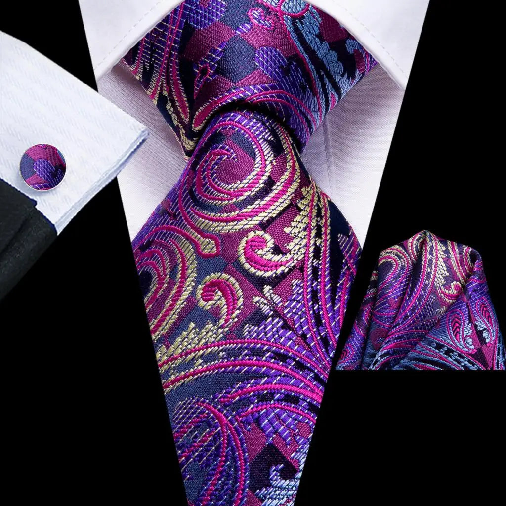 Hi-Tie – Cravate de mariage en soie violette unie à motif cachemire pour homme, ensemble de qualité avec boutons de manchette et mouchoir, cadeau tendance, livraison directe