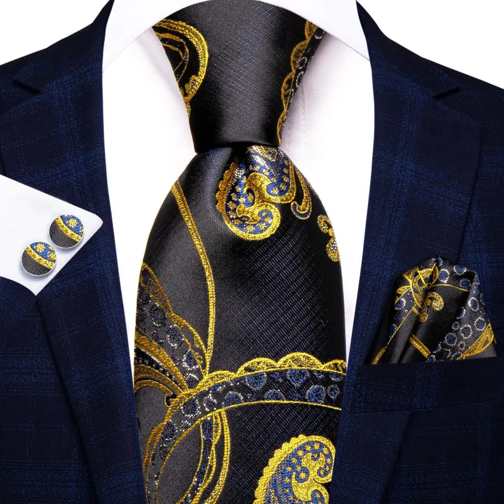 Cravate élégante pour homme, motif cachemire, rayures noires et dorées, en soie, pour mariage, mouchoir, boutons de manchette, pour entreprise, fête, livraison directe