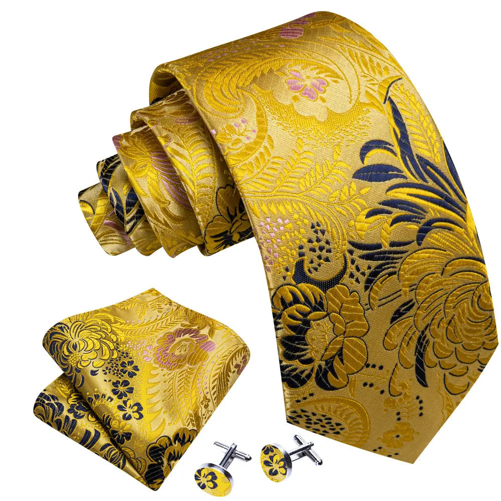 Cravate de mariage noire, dorée et rose pour homme, en soie florale, motif jacquard, pochette, boutons de manchette, pour soirée d'affaires, Barry.Wang