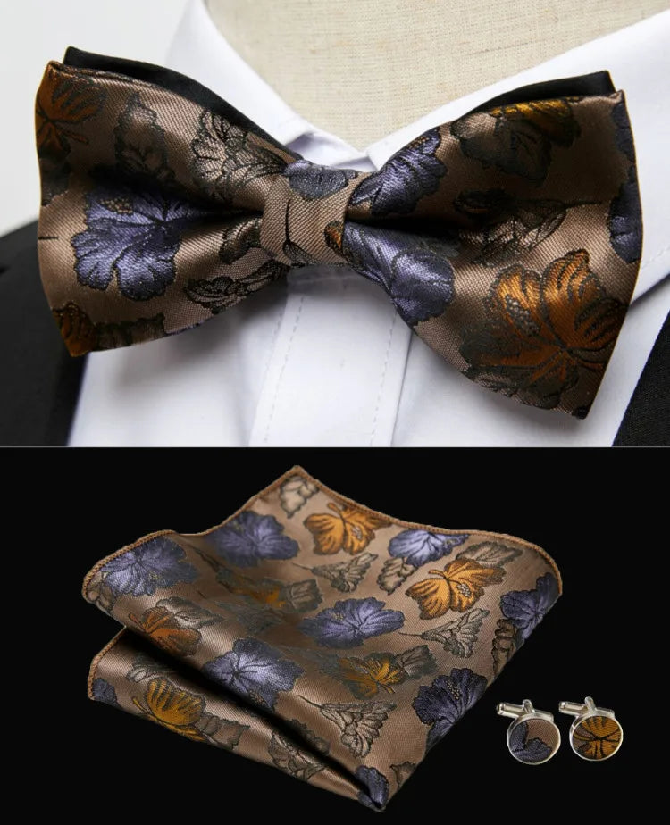 HUISHI Classic Blue Bowties For Men Paisley Floral Bow Tie Pocket Square Cufflinks Suit Set Wedding Party Plaid Solid Butterfly