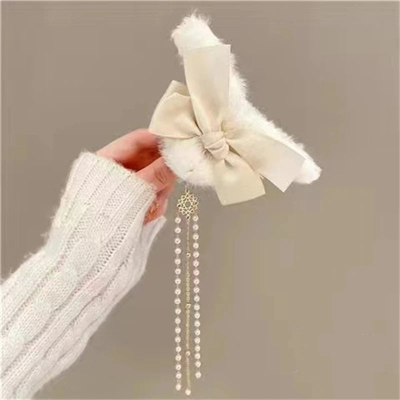 Pinces à cheveux tendance avec nœud et pompon, style coréen, queue de cheval, en peluche, griffe de requin, pour filles, cadeau d'automne et d'hiver