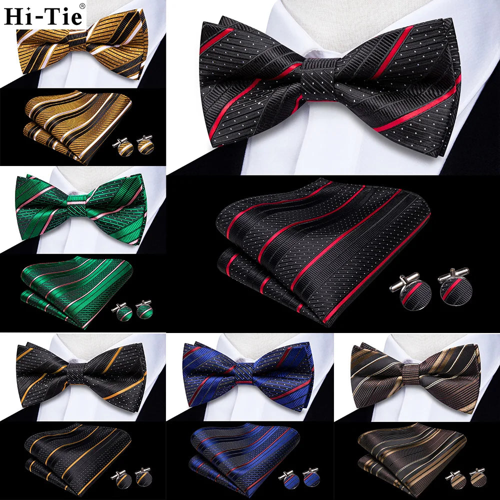 Hi-Tie Nœud papillon rayé noir et rouge pour homme, mouchoir, boutons de manchette, en soie pré-nouée, pour soirée d'affaires masculine, vente en gros