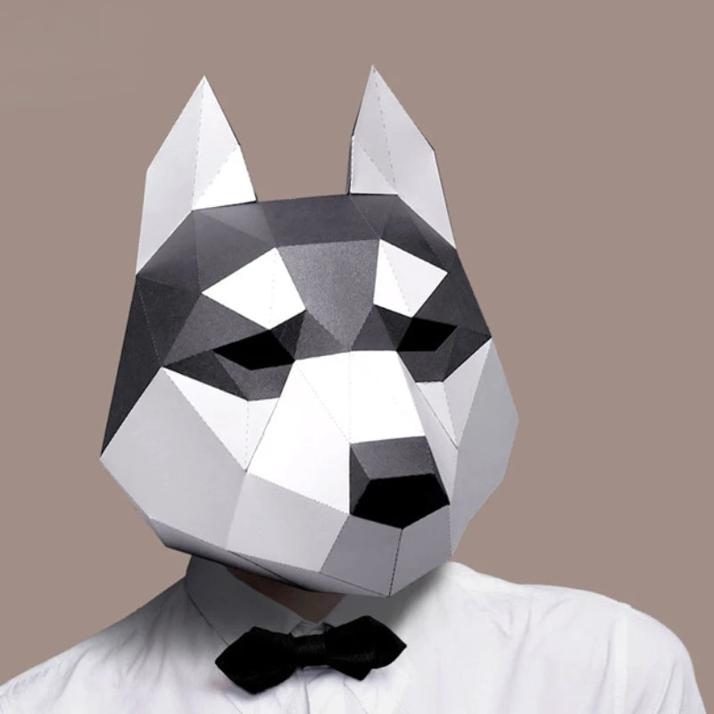 Masque tête de chien husky en papier 3D, modèle animal, accessoire de cosplay pour Halloween, femme, homme, fête, jeu de rôle, bricolage