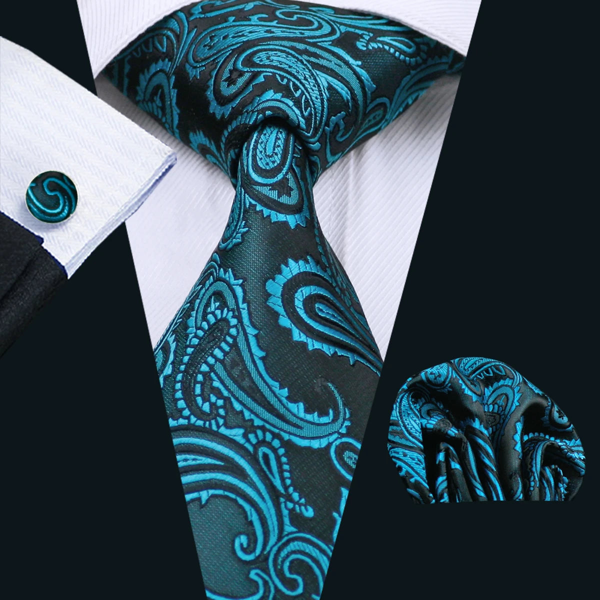 Cravate fantaisie en soie bleu sarcelle pour homme, marque de luxe solide, pochette, boutons de manchette, ensemble de cravates de haute qualité pour fête de mariage Barry.Wang