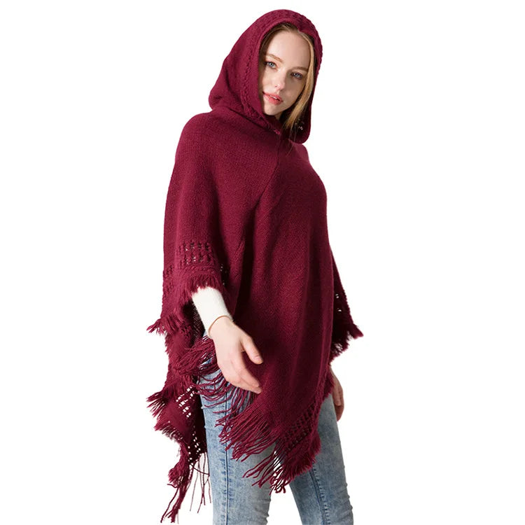 Cape à capuche tricotée pour femme, nouvelle collection automne et hiver, châle, couleur unie, tricot une pièce, grand châle